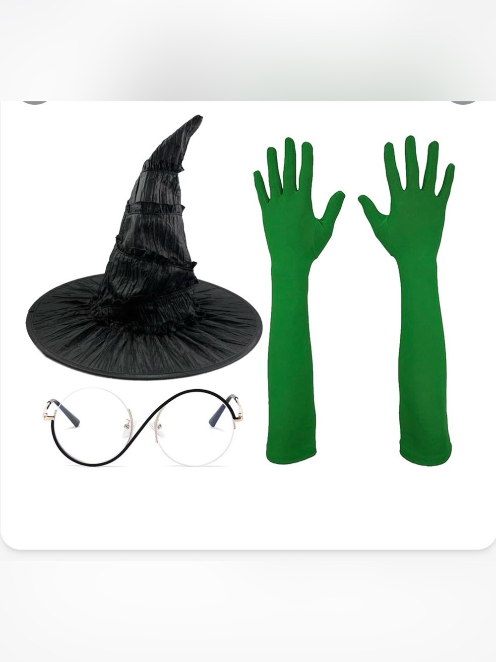 Classic Witch Costume Set with Black Hat, Green Gloves and Round Glasses